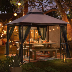 EROMMY Outdoor Gazebo 10'x10', Heavy Duty Canopy Tent with Soft Double Roofs & Metal Corner Frame Shelves, Party Tent Shelter with Mosquito Netting for Patio, Deck, Backyard, Brown