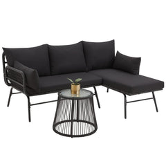 EROMMY 3 Piece Patio Conversation Sets, L-Shaped Sectional Sofa Set with Thick Cushions and Toughened Glass Coffee Table, Black