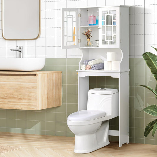 EROMMY Over-The-Toilet Storage, Wooden Bathroom Organizer, with 2 Glass Doors & Adjustable Shelf, 67.1''L x 23.6''W x 8.5''H,(White)