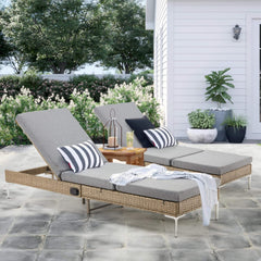 EROMMY 2PCS Patio Rattan Chaise Lounge Chair, Outdoor Wicker Recliner, Gray