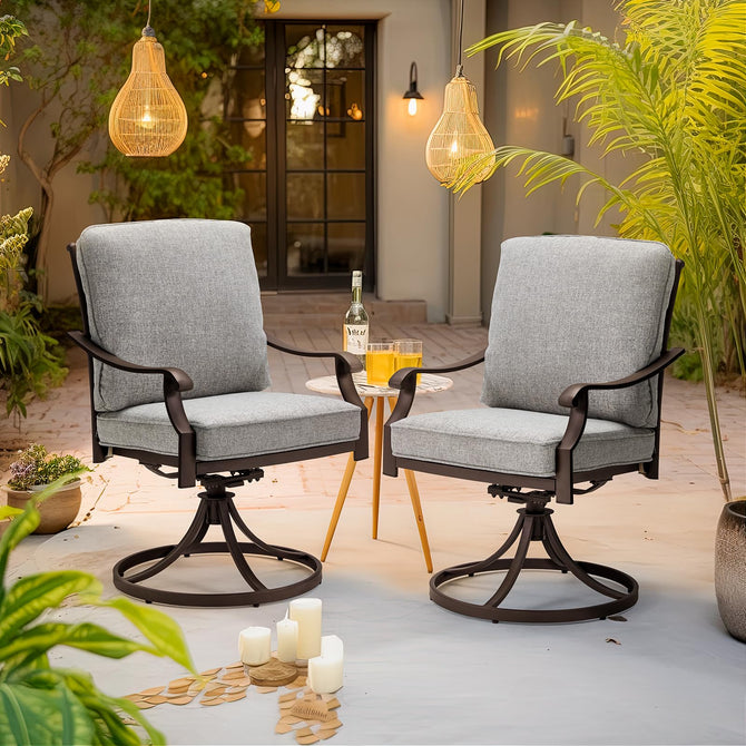 EROMMY Patio Swivel Chair Set of 2, Heavy Duty Outdoor Dining Chairs with Thickened Cushions, Metal Patio Chairs Gentle Rocker for Outside, Grey-Erommy