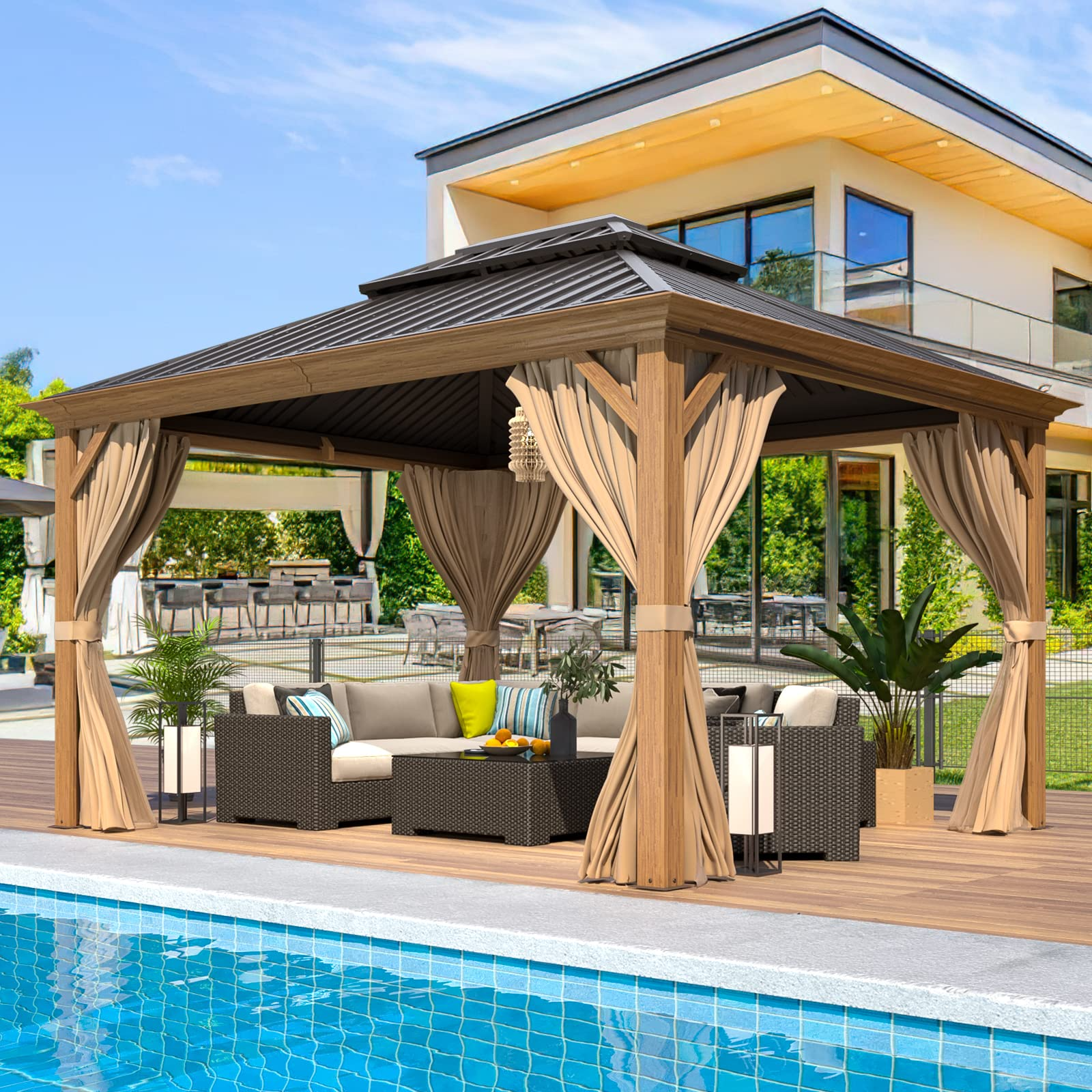 EROMMY 10 x 12 Gazebo Wooden Finish Coated Aluminum Frame