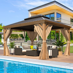 EROMMY 10' x 12' Gazebo, Wooden Finish Coated Aluminum Frame Canopy with Double Galvanized Steel Hardtop Roof, Outdoor Permanent Metal Pavilion-Erommy