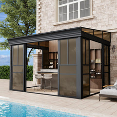 EROMMY 10x12 Lean-to Sunroom Gazebo, Enclosed Patio Shelter with Sliding Doors, Polycarbonate Roof and Gray-Tinted Panels, Aluminum Frame for Backyard