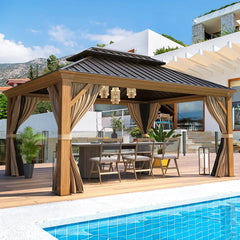 Erommy hardtop outdoor gazebo with draped curtains, wood-look frame, dining table and chairs beside a bright blue swimming pool and modern home