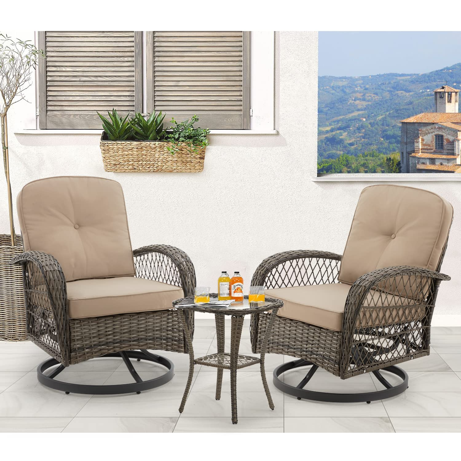 EROMMY 3 Pieces Outdoor Swivel Rocker Patio Chairs 360 Degree Rocking Erommy
