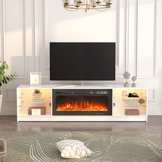 EROMMY 79" Fireplace TV Stand with 40" Electric Fireplace, TV Console for TVs up to 90", Entertainment Center with Adjustable Glass Shelves, White