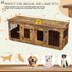 EROMMY 64''Large Wooden Dog Crate Furniture, Dog Kennel with Double Doors, Decorative Pet House Dog Cage Side Table, Brown
