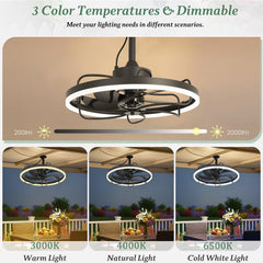 EROMMY 20" Waterproof Outdoor Ceiling Fan with Integrated Light for Patios, Plug-In Caged Hanging Fan with Remote & App Control, 3CCT Dimmable LED, Great for Gazebos, Pergolas, and Porches, Black