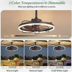 EROMMY 20" Waterproof Outdoor Ceiling Fan with Integrated Light for Patios, Plug-In Caged Hanging Fan with Remote & App Control, 3CCT Dimmable LED, Great for Gazebos, Pergolas, and Porches, Wood Grain
