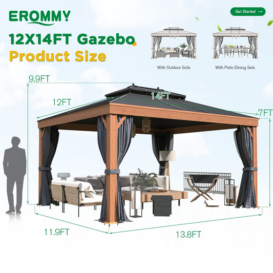 EROMMY 12'x14' Hardtop Gazebo Outdoor Aluminum Wood Grain Gazebos with Galvanized Steel Roof, Curtains and Mosquito Nettings