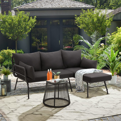 EROMMY 3 Piece Patio Conversation Sets, L-Shaped Sectional Sofa Set with Thick Cushions and Toughened Glass Coffee Table, Black