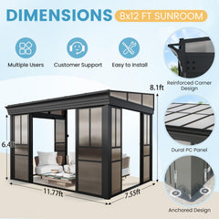 EROMMY 8x12 Lean-to Sunroom Gazebo, Enclosed Patio Shelter with Sliding Doors, Polycarbonate Roof and Gray-Tinted Panels, Aluminum Frame for Backyard