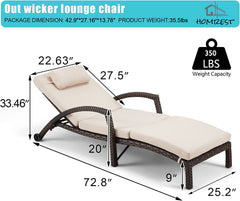 EROMMY Patio Lounge Chair Outdoor Set of 2, Wicker Tanning Chairs with Wheels, Headpillow, Ergonomic Arms & Cushion for Poolside Beach (Khaki) (Restock in mid-Feb)-Erommy