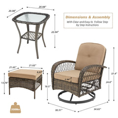 EROMMY 5-Piece Outdoor Swivel Rocker Set with Cushions & Glass Table, Khaki-Erommy