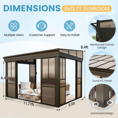 EROMMY 8x12 Lean-to Sunroom Gazebo, Enclosed Patio Shelter with Sliding Doors, Polycarbonate Roof and Brown-Tinted Panels, Aluminum Frame for Backyard