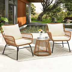 EROMMY 3-Piece Patio Conversation Bistro Set, Outdoor All-Weather Wicker Furniture with Tempered Glass Top Table