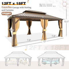 EROMMY 12' x 18' Gazebo Double Hardtop Roof Galvanized Steel Pavilion Aluminum Frame Permanent Brown-Erommy