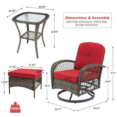 EROMMY 5-Piece Outdoor Swivel Rocker Set with Cushions & Glass Table, Wine Red-Erommy