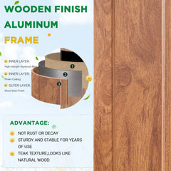 Wood grain finish aluminum frame panel with a layered diagram showing aluminum alloy, powder coating, and teak-like exterior.