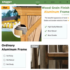 Erommy gazebo wood grain finish aluminum frame compared with an ordinary aluminum frame, highlighting natural appearance and sturdy construction