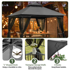 EROMMY Outdoor Gazebo 10'x10', Heavy Duty Canopy Tent with Soft Double Roofs & Metal Corner Frame Shelves, Party Tent Shelter with Mosquito Netting for Patio, Deck, Backyard, Gray