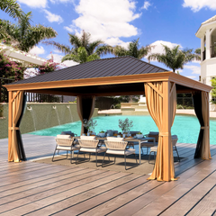 EROMMY 12' x 16' Gazebo Hard-Top Single Roof Canopy Outdoor,Wood Grain Permanent Aluminum Gazebo, for Gardens, Decks, Patios, Parties-Erommy