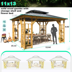 EROMMY 11' x 13' Wood Gazebo, Outdoor Hardtop Gazebo Pavilion with Spruce Solid Wooden Frame, Double Roof Metal Canopy for Patio Backyard Deck Garden-Erommy