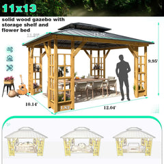 Erommy 11 by 13 foot wooden gazebo with a double metal roof, built-in shelving, flower boxes, and an outdoor dining set on a patioաքանչյուր