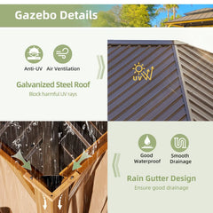 EROMMY 12' x 16' Hardtop Gazebo, Galvanized Steel Metal Single Roof Aluminum Gazebo with Curtain and Netting, Brown Permanent Pavilion