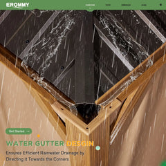 Erommy hardtop grill gazebo roof corner in rain showing a water gutter design that directs rainwater toward the corner for drainage