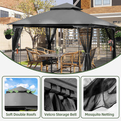 EROMMY Outdoor Gazebo 10'x10', Heavy Duty Canopy Tent with Soft Double Roofs & Metal Corner Frame Shelves, Party Tent Shelter with Mosquito Netting for Patio, Deck, Backyard, Gray