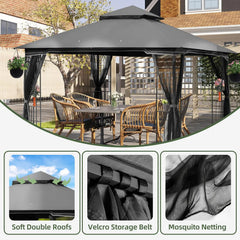 EROMMY Outdoor Gazebo 10'x10', Heavy Duty Canopy Tent with Soft Double Roofs & Metal Corner Frame Shelves, Party Tent Shelter with Mosquito Netting for Patio, Deck, Backyard, Gray