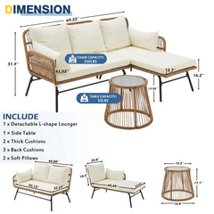 EROMMY 3-Piece Patio L-Shaped Sofa Set with Cushions & Glass Coffee Table, White-Erommy