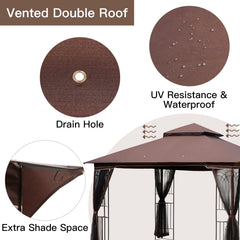 EROMMY Outdoor Gazebo 10'x10', Heavy Duty Canopy Tent with Soft Double Roofs & Metal Corner Frame Shelves, Party Tent Shelter with Mosquito Netting for Patio, Deck, Backyard, Brown