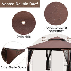 EROMMY Outdoor Gazebo 10'x10', Heavy Duty Canopy Tent with Soft Double Roofs & Metal Corner Frame Shelves, Party Tent Shelter with Mosquito Netting for Patio, Deck, Backyard, Brown