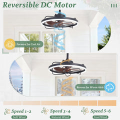 EROMMY 20" Waterproof Outdoor Ceiling Fan with Integrated Light for Patios, Plug-In Caged Hanging Fan with Remote & App Control, 3CCT Dimmable LED, Great for Gazebos, Pergolas, and Porches, Wood Grain