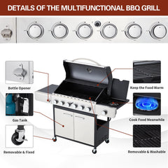 EROMMY 6 Burner BBQ Propane Gas Grill, 58,000 BTU Stainless Steel Patio Garden Barbecue Grill with Stove and Side Table
