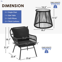 EROMMY 3-Piece Patio Bistro Set with Glass Top Table & 2 Ergonomic Armchairs, Black-Erommy