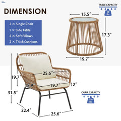 EROMMY 3-Piece Outdoor Wicker Bistro Set with Glass Top-Erommy