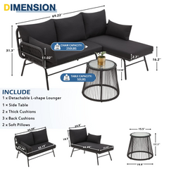 EROMMY 3-Piece L-Shaped Patio Sofa Set with Cushions & Glass Coffee Table, Black-Erommy