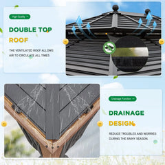 Erommy hardtop gazebo featuring a ventilated double roof and close up of rainwater drainage gutters during rainfall