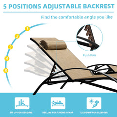 EROMMY Set of 2 Textilene Recliner Chairs All-Weather Outdoor Lounge Chairs with Adjustable Backrest, Patio Chaise Lounges, for Beach Yard Pool,Brown-Erommy