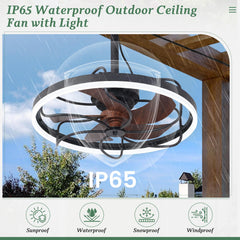 EROMMY 20" Waterproof Outdoor Ceiling Fan with Integrated Light for Patios, Plug-In Caged Hanging Fan with Remote & App Control, 3CCT Dimmable LED, Great for Gazebos, Pergolas, and Porches, Wood Grain