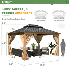EROMMY 10' x 12' Gazebo, Wooden Finish Coated Aluminum Frame Canopy with Double Galvanized Steel Hardtop Roof, Outdoor Permanent Metal Pavilion