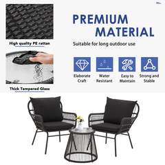 EROMMY 3-Piece Patio Bistro Set with Glass Top Table & 2 Ergonomic Armchairs, Black-Erommy