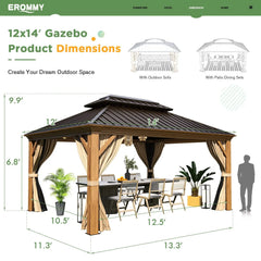 Erommy 12 by 14 foot hardtop grill gazebo with curtains and outdoor dining set shown with labeled dimensions