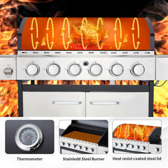 EROMMY 6 Burner BBQ Propane Gas Grill, 58,000 BTU Stainless Steel Patio Garden Barbecue Grill with Stove and Side Table-Erommy
