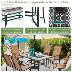 EROMMY 64 Inch Large Outdoor Dining Table, Metal Steel Table with Ceramic Grain Heat Transfer Coating and 1.77" Umbrella Hole
