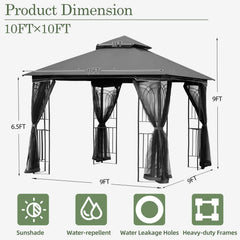 EROMMY Outdoor Gazebo 10'x10', Heavy Duty Canopy Tent with Soft Double Roofs & Metal Corner Frame Shelves, Party Tent Shelter with Mosquito Netting for Patio, Deck, Backyard, Gray